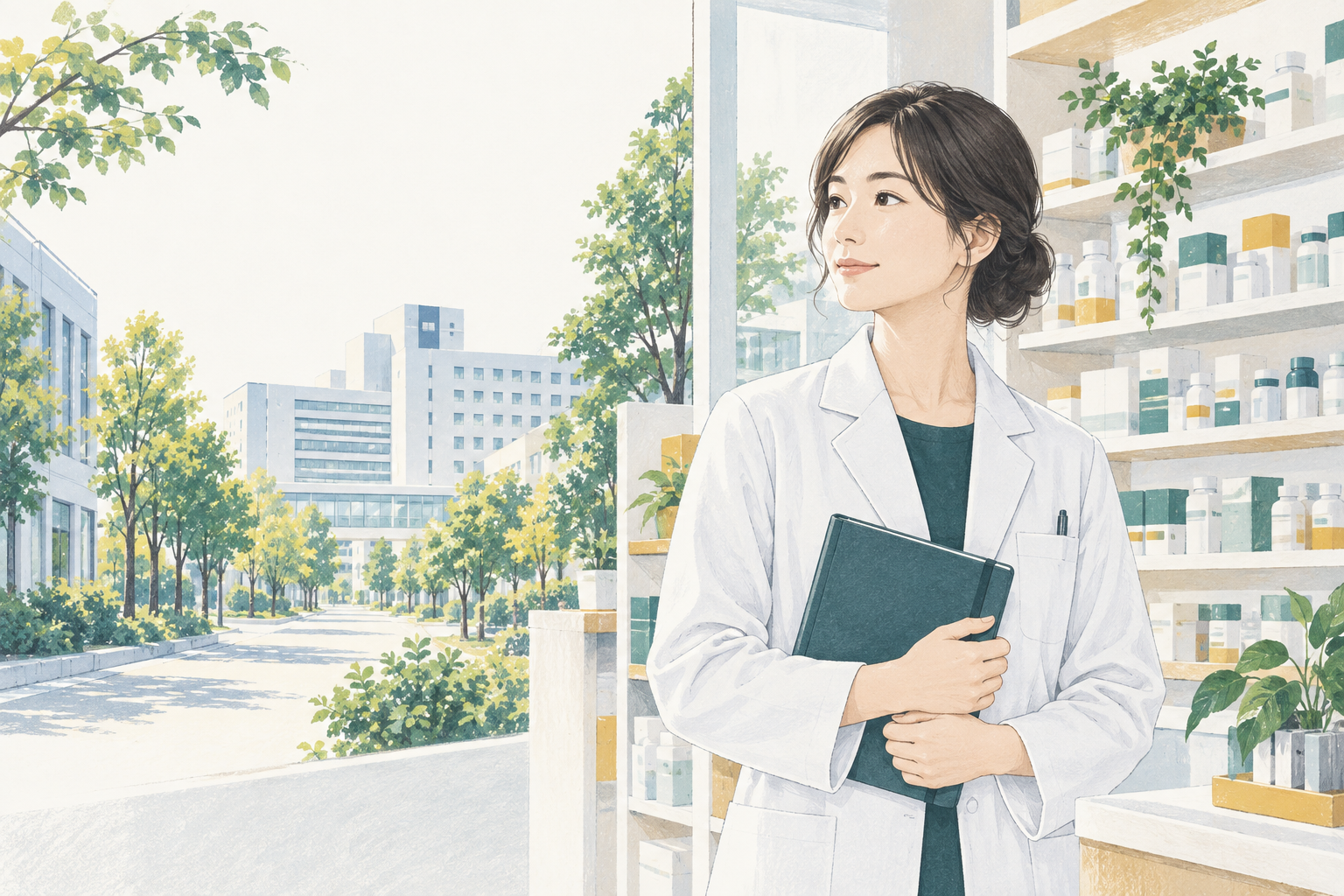 ノートを手に働き方を考える薬剤師を描いたイラスト